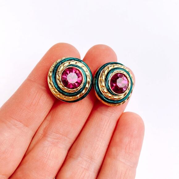 VTG Signed Swarovski Crystal Dome Stud Earrings 80s 90s Teal Enamel Fuchsia - Picture 13 of 14